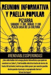 REUNIÓN INFORMATIVA RENOVABLES SÍ PERO NO ASÍ. Reunión informativa sobre la mega planta fotovoltaica que se quiere construir en Zalea. El acto acabará con una paella popular.